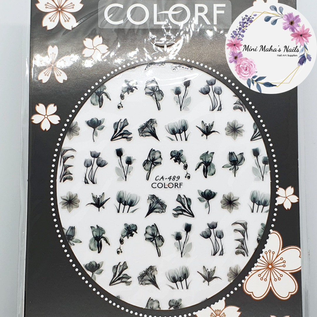 Black Monochrome Watercolour Flowers Nail Art Stickers CA489