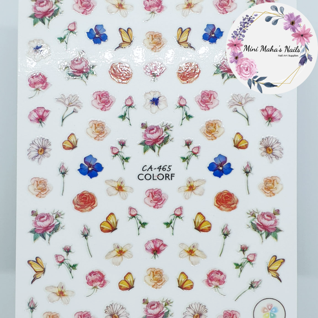 Yellow Pink Blue Roses Flowers Bufferfly Florals Nature Nail Art Stickers CA465