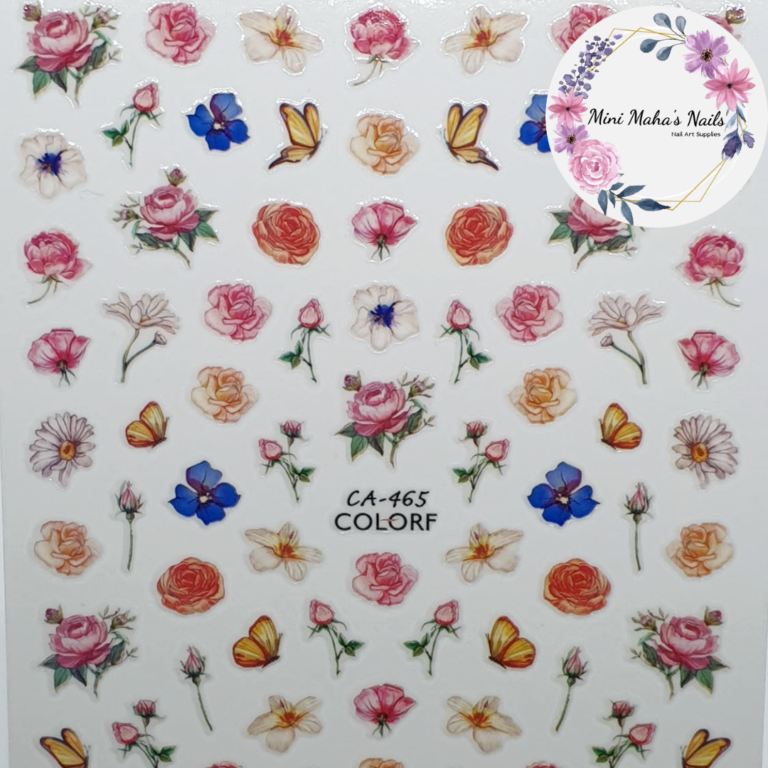 Yellow Pink Blue Roses Flowers Bufferfly Florals Nature Nail Art Stickers CA465