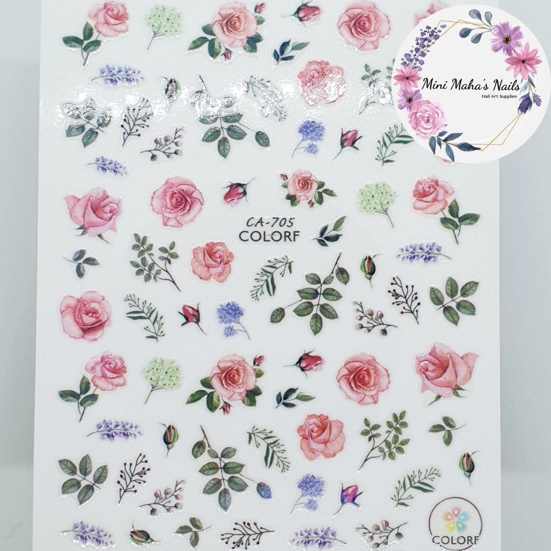 Pinke Roses Flowers Leaves Nature Florals Nail Art Stickers CA705