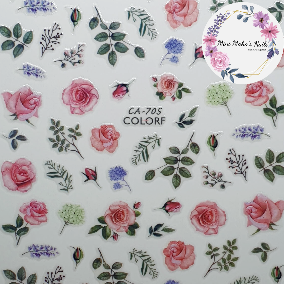 Pinke Roses Flowers Leaves Nature Florals Nail Art Stickers CA705