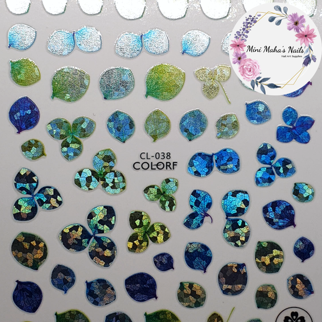 Blue Green Holographic Flower Petals Leaves Palnts Nail Art Stickers CL038