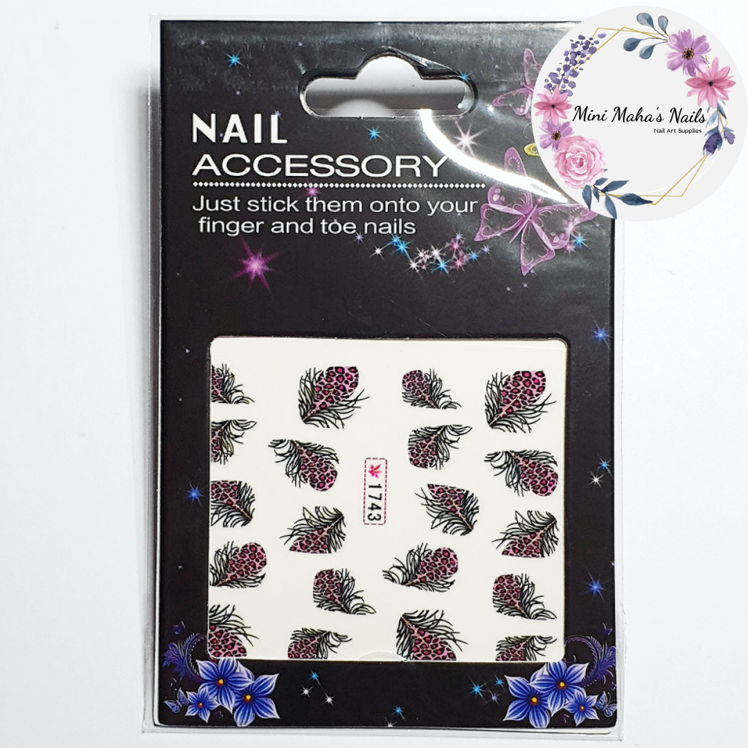 Pink Leopard Feathers Nail Art Water Decals 1743