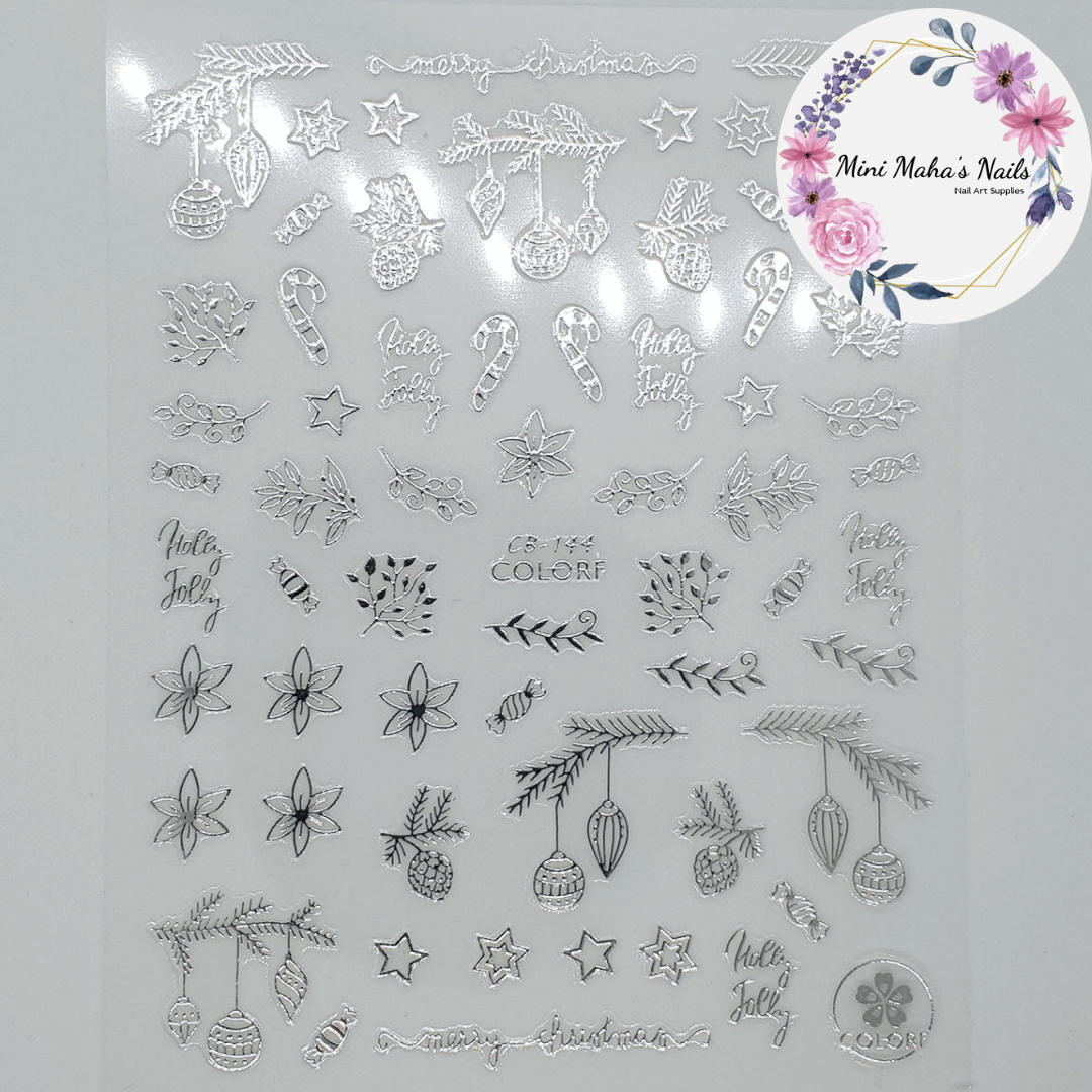 Silver Christmas Wreaths Ornaments Candy Cane Nail Art Stickers CB144