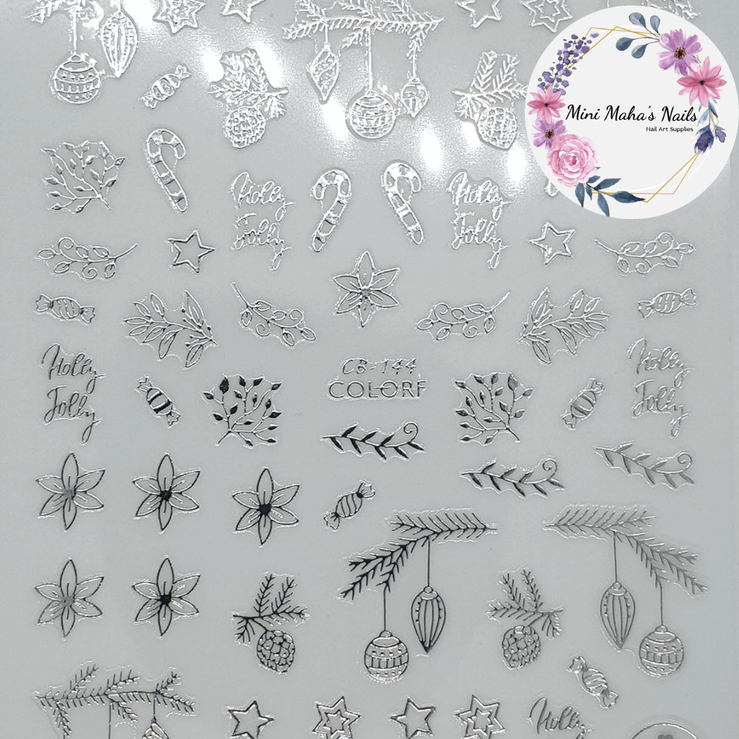 Silver Christmas Wreaths Ornaments Candy Cane Nail Art Stickers CB144