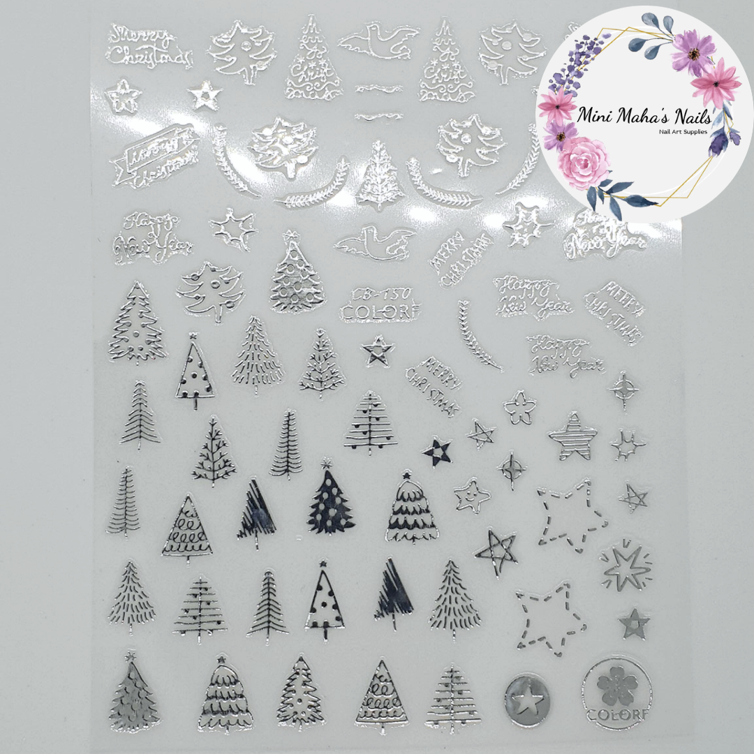 Silver Christmas Trees Stars Doves Nail Art Stickers CB150