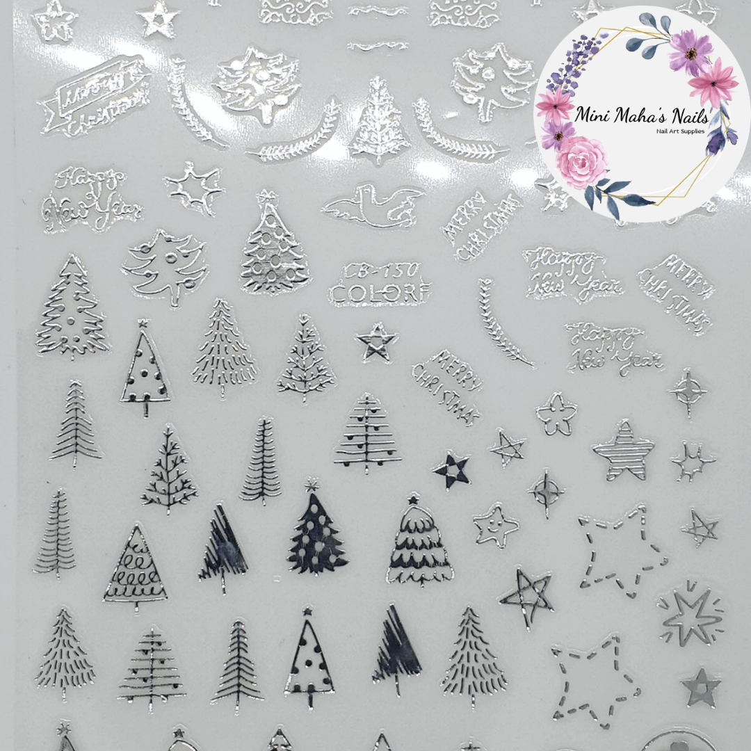 Silver Christmas Trees Stars Doves Nail Art Stickers CB150