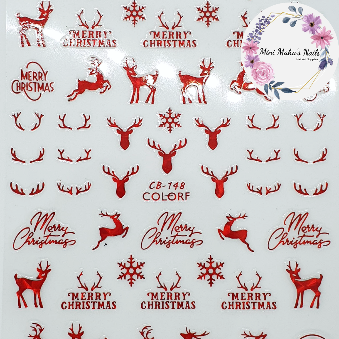 Red Holographic Merry Christmas Reindeers Antlets Nail Art Stickers CB148