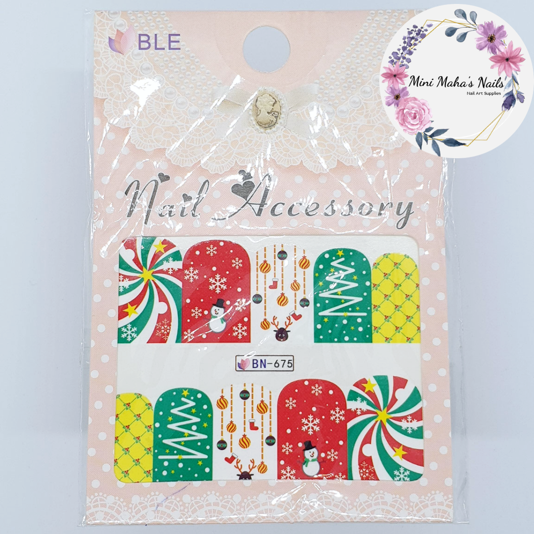 Christmas Pinwheel Snowmen Ornaments Nail Art Water Decals BN675