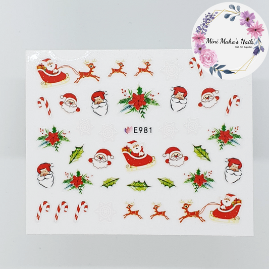 Christmas Santa SLeigh Reinddeer Wreath Candy Cane Nail Art Stickers E981