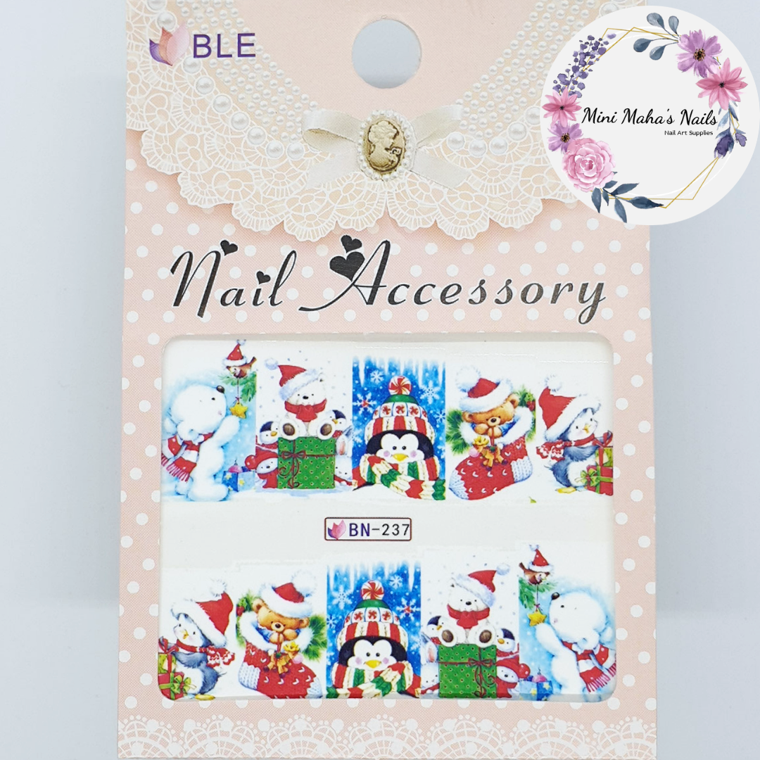 Christmas Full Cover Polar Bear Penguin Teddy Nail Art Water Decals BN237