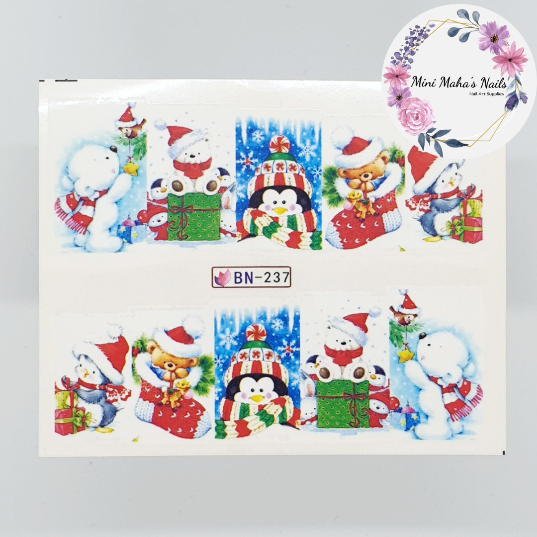 Christmas Full Cover Polar Bear Penguin Teddy Nail Art Water Decals BN237