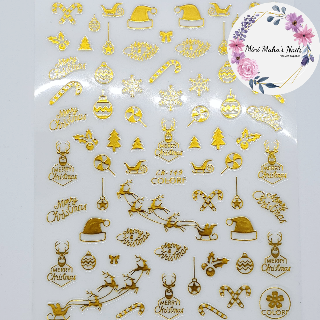 Gold Christmas Sleigh Santa Reindeer Nail Art Stickers CB149