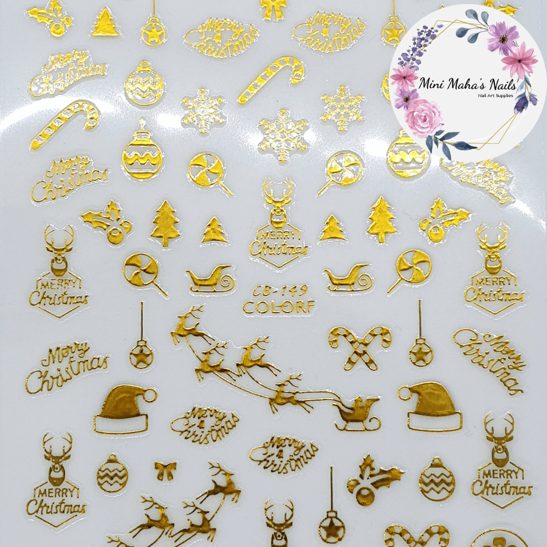 Gold Christmas Sleigh Santa Reindeer Nail Art Stickers CB149