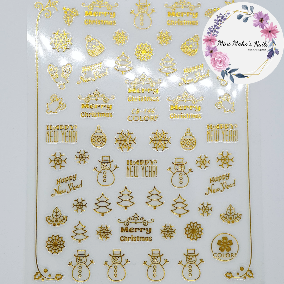 Gold Christmas Snowmen Snowflakes Trees Nail Art Stickers CB146