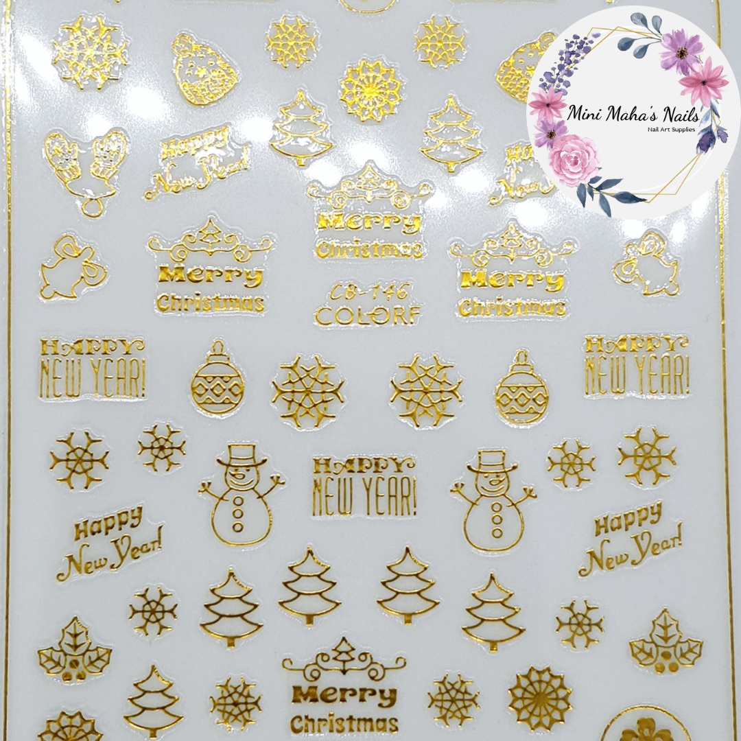 Gold Christmas Snowmen Snowflakes Trees Nail Art Stickers CB146