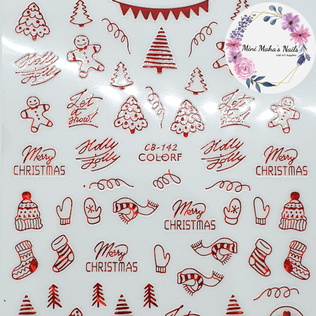 Red Holographic Christmas Trees Winter Beanies Mittens Nail Art Stickers CB142