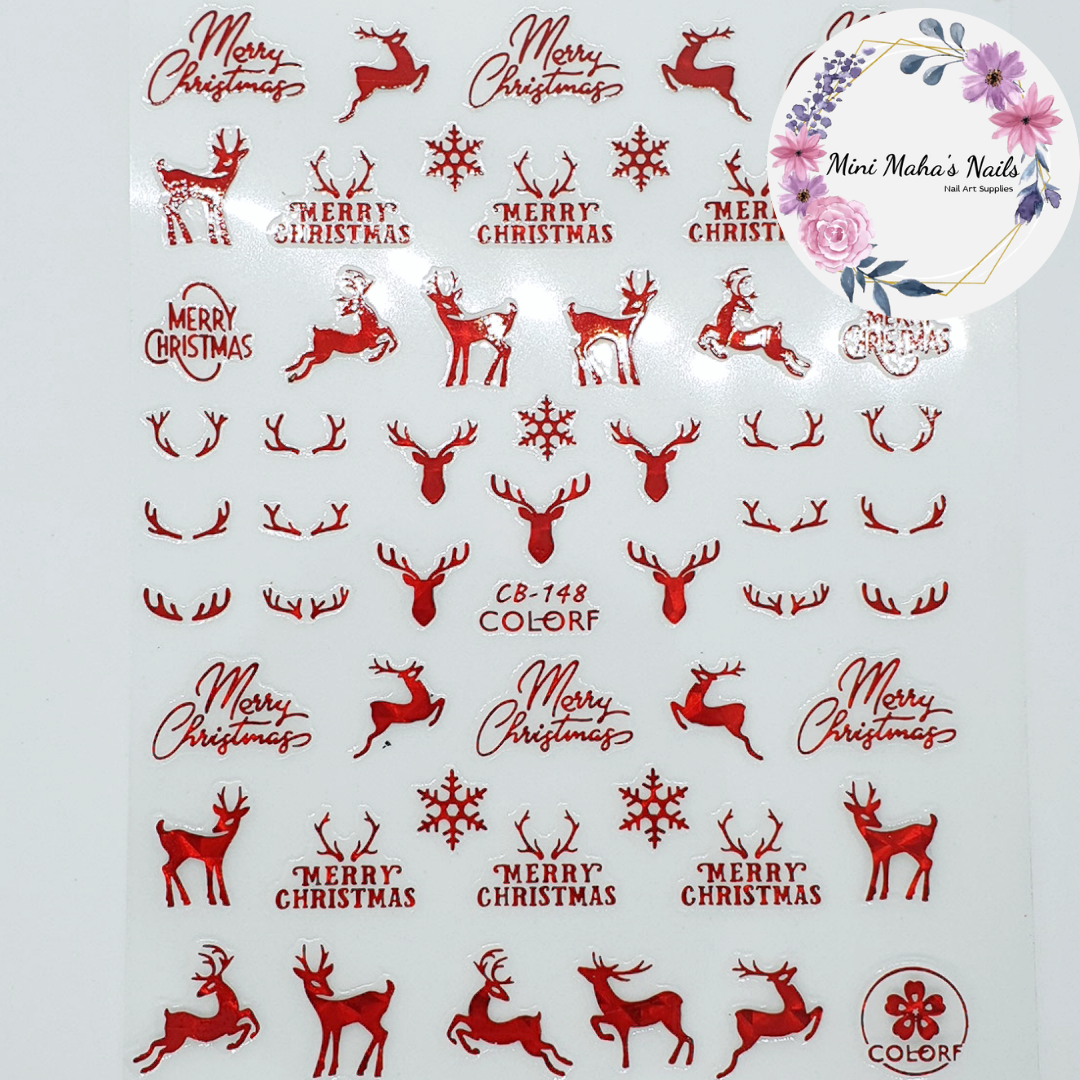 Red Holographic Merry Christmas Reindeers Antlets Nail Art Stickers CB148